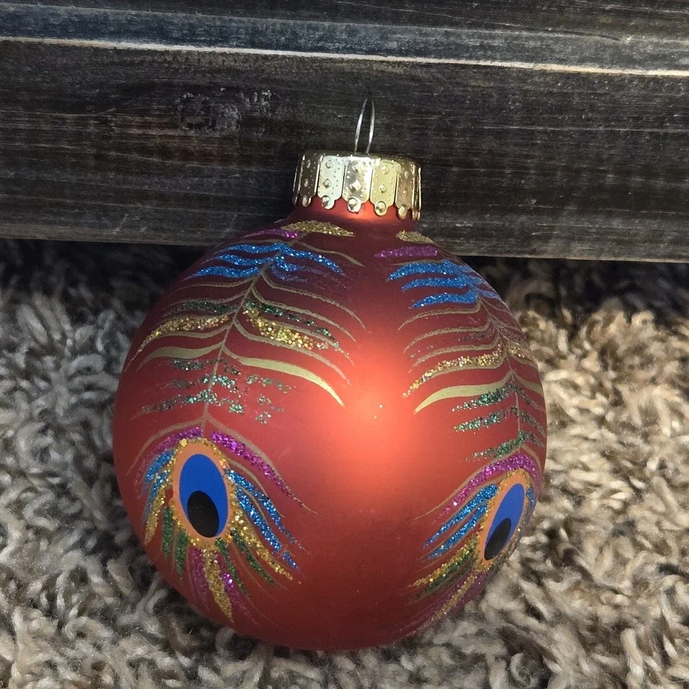 Peacock Feather Glass Ball Christmas Tree Ornament Red Glitter 3